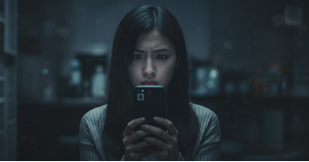 マッチングアプリで不審なメッセージを見て警戒する日本人女性。ヤリモクや業者などの要注意人物に遭遇し、不安を感じる利用者の様子を表現。