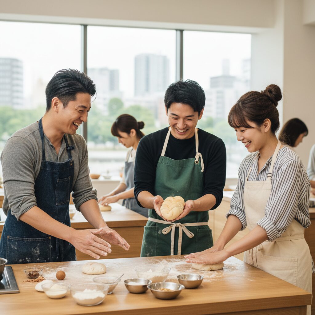 習い事の料理教室で楽しそうに交流する日本人男女