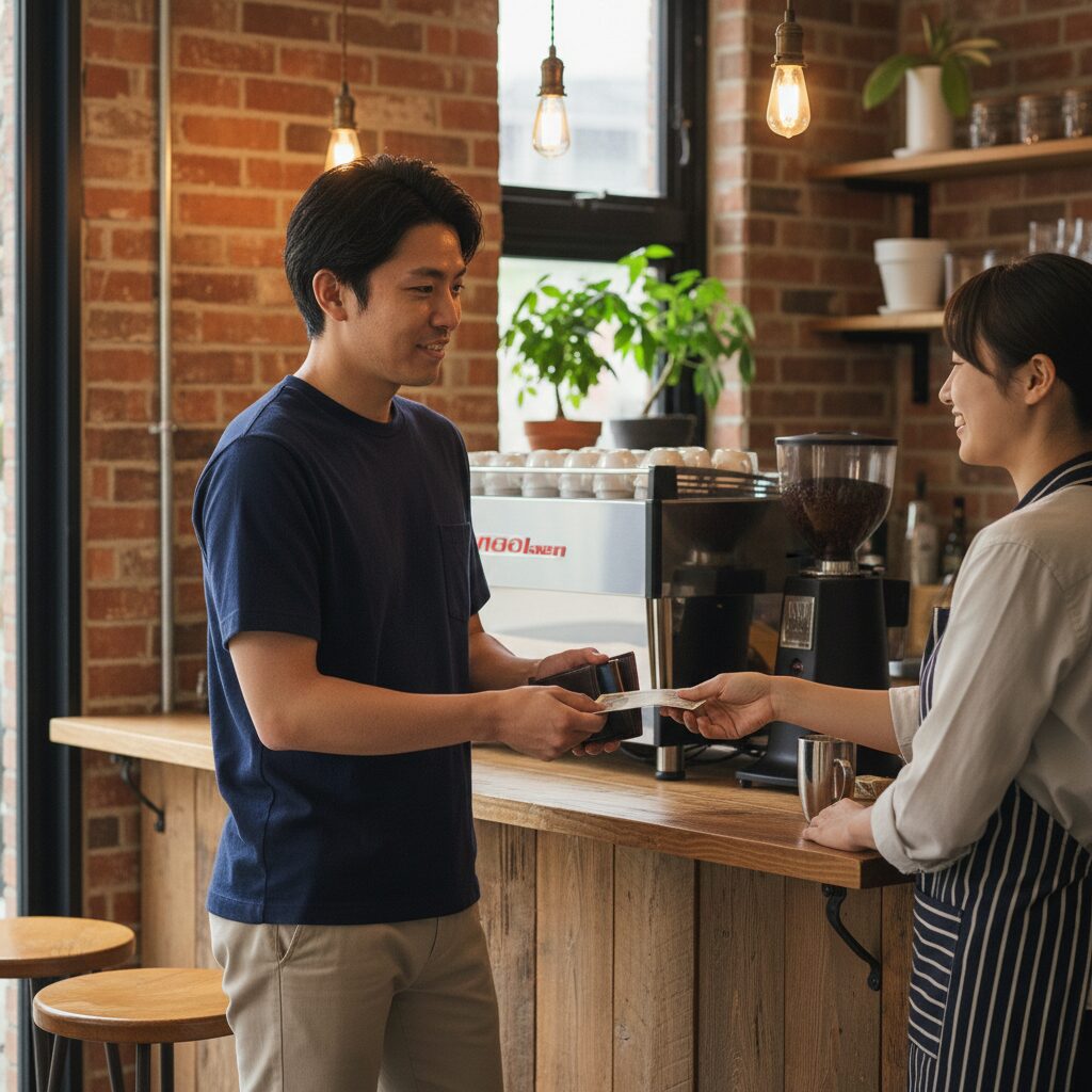 コンビニやカフェで店員に笑顔で「ありがとう」と言っている、あるいは挨拶をしているシーン