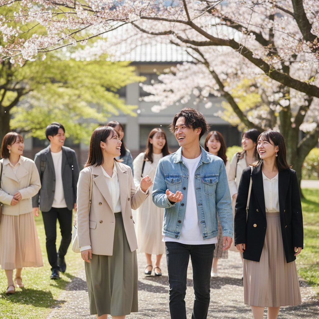 大学のキャンパス内で、男女数名のグループが歩きながら談笑しているシーン。明るく健全な雰囲気。