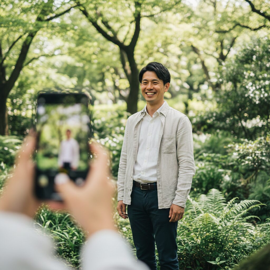 公園などの屋外で、友人に自然な笑顔の写真を撮ってもらっているシーン