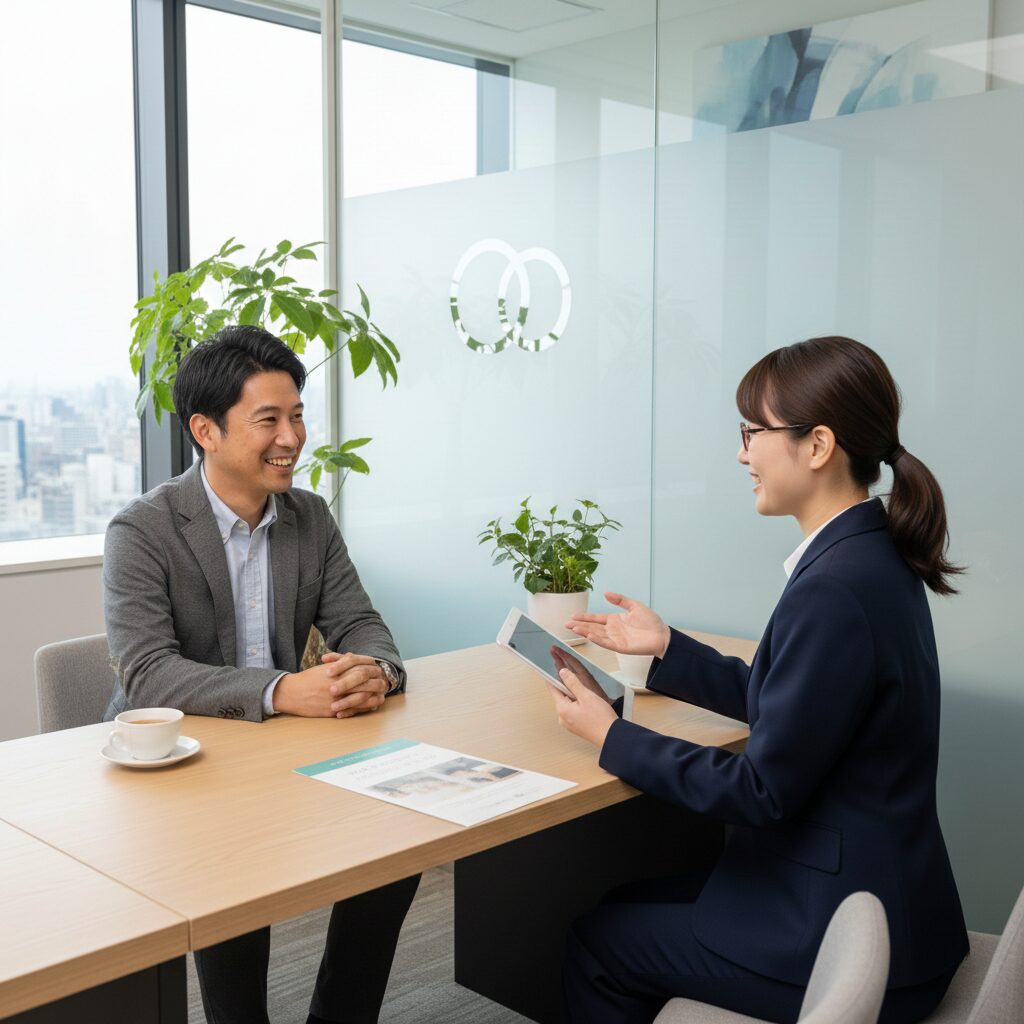 明るく清潔な相談カウンターで、プロのカウンセラー(女性)と対面して話している男性。