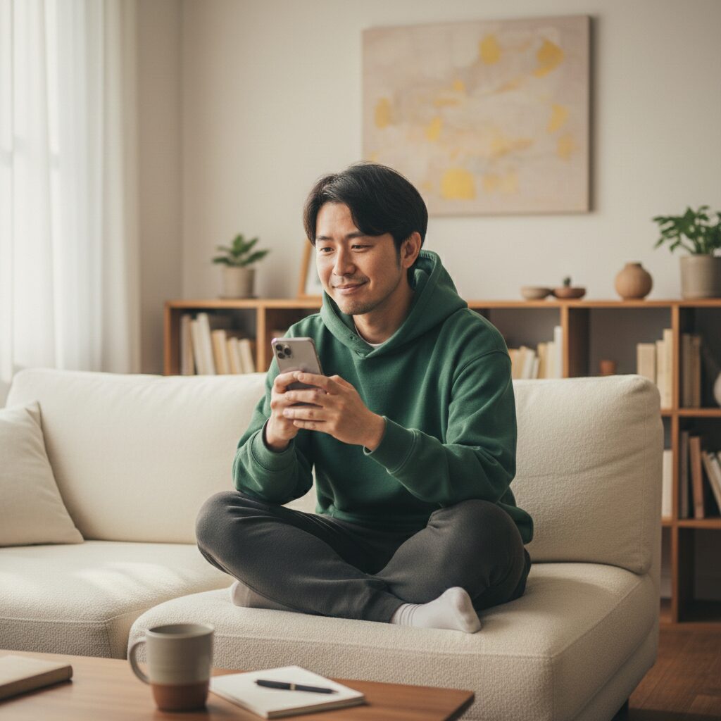 スマホを片手に、リラックスして画面を見ている男性