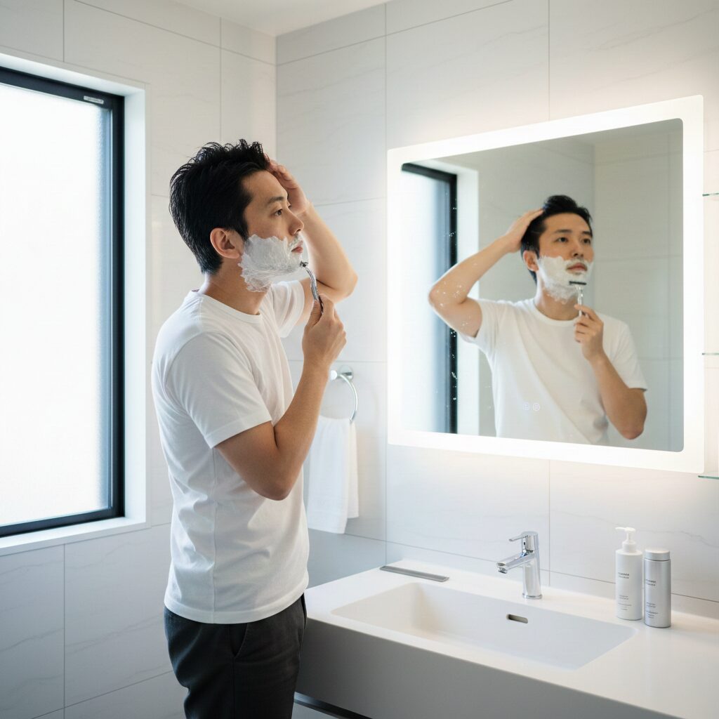 洗面所で身だしなみを整えている男性