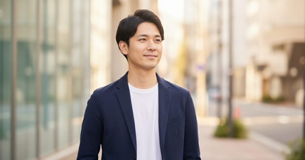 穏やかな笑顔で、自信に満ちた表情の日本人男性。カメラ目線、もしくは少し未来を見ているような視線
