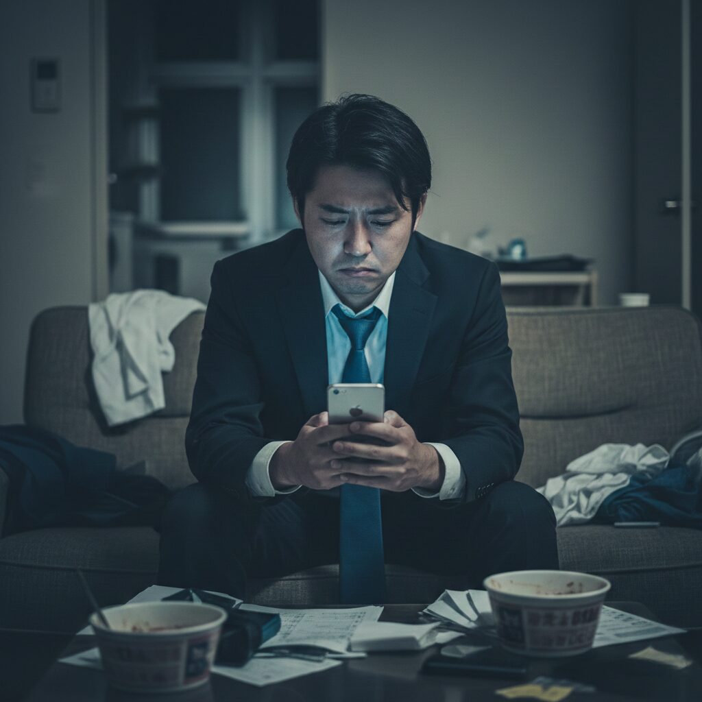 仕事終わりのスーツ姿のまま、自宅のソファでぐったりしてスマホを見ている男性。