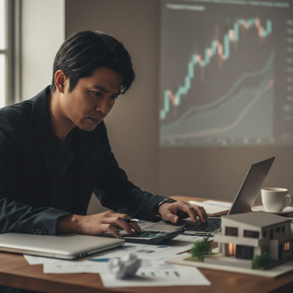 電卓やノートパソコンを前に、少し深刻な顔で考え込んでいる男性。