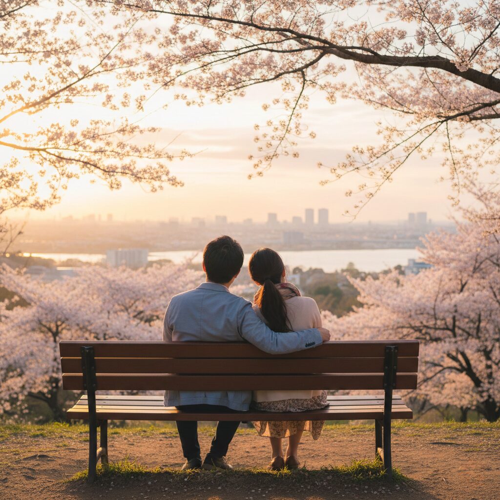 30代の日本人カップルが、夕暮れの公園やリビングで穏やかに談笑している後ろ姿、または横顔。