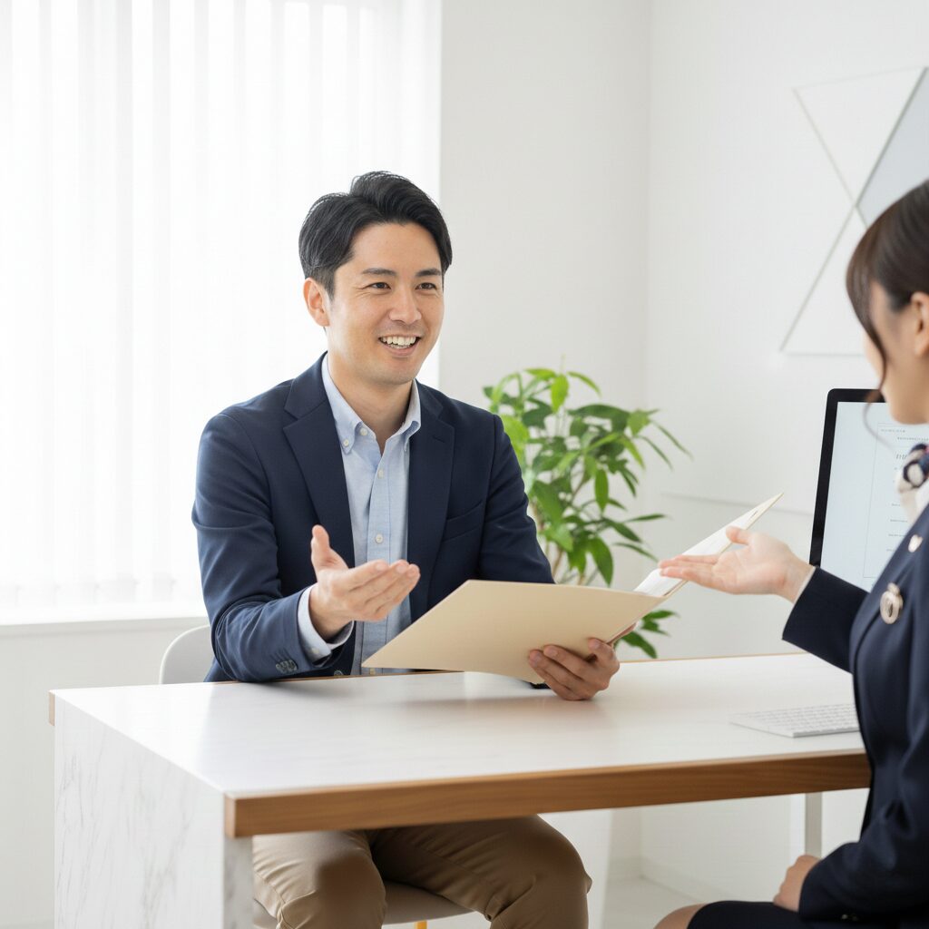 明るく清潔感のあるオフィス(相談所)で、書類(証明書)を手にして安心した表情の男性。