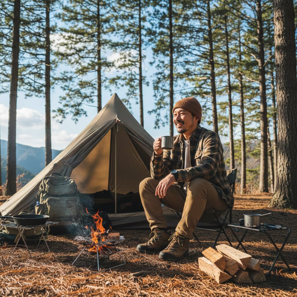 独りで休日にキャンプをして充実した様子の日本人男性