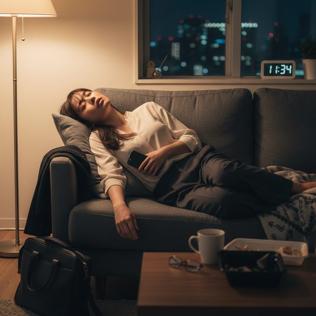 仕事からの帰宅直後、ソファでスマホを握りしめて寝落ちしている日本人女性。