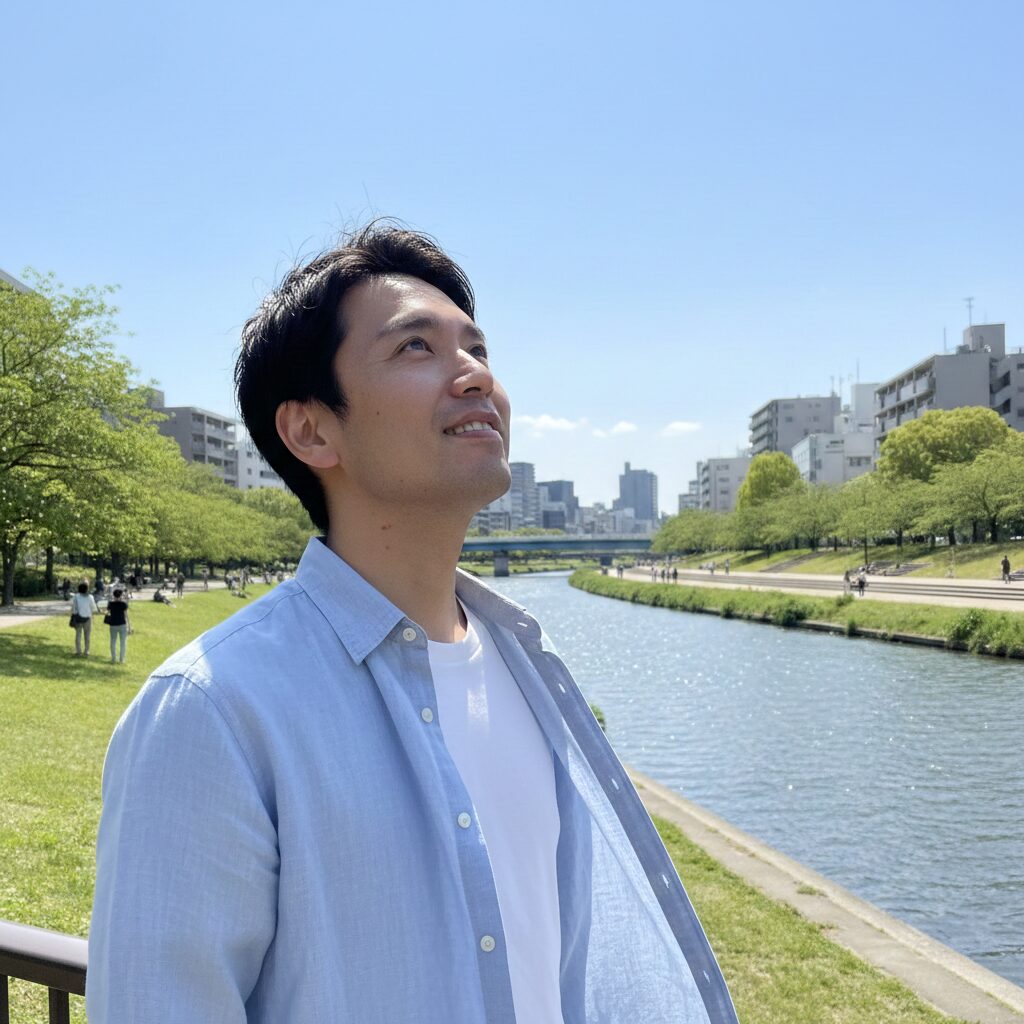 広い空の下、あるいは開けた場所で、深呼吸をしている、または前を見据えている爽やかなイメージ。読後感をポジティブにする。