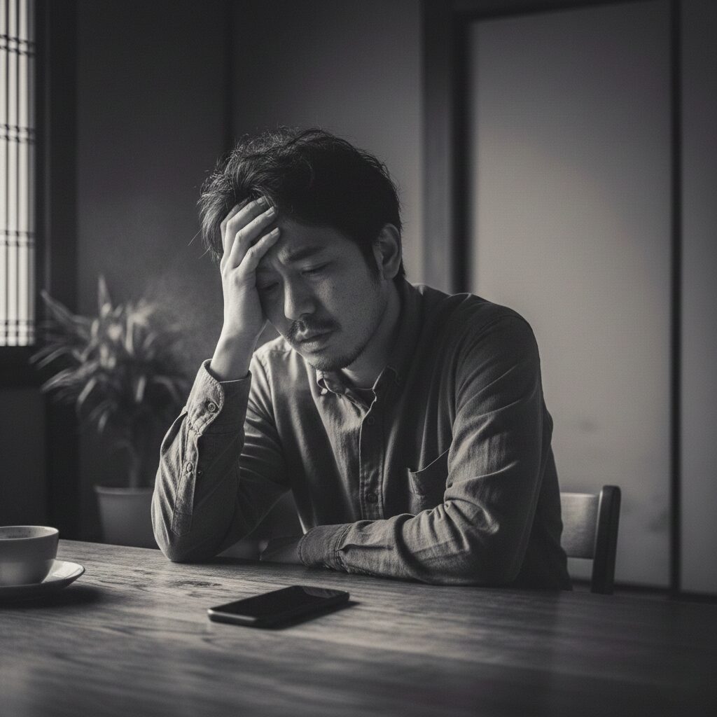 スマホを机に置き、少し疲れた表情で遠くを見ている、あるいは頭を抱えている男性。