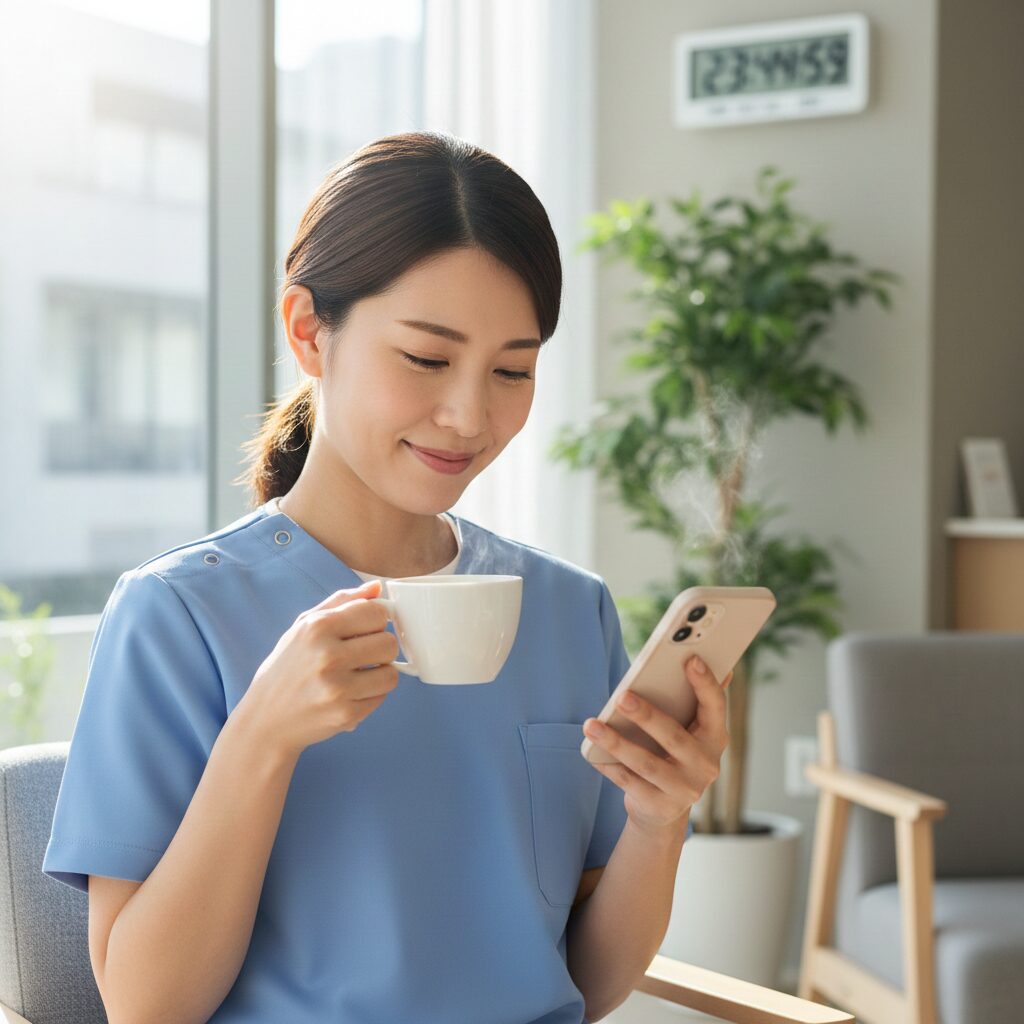 休憩中の女性（医療従事者やオフィスワーカー）が、スマホを見てほっこりと癒やされている表情。