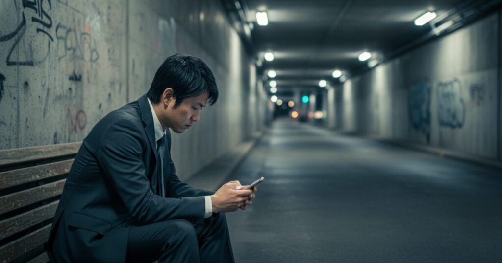 検索画面やSNSで読者の目を引き、「自分のことだ」と思わせる。暗いトンネルの中にいるが、わずかな光（希望）を探しているイメージ。