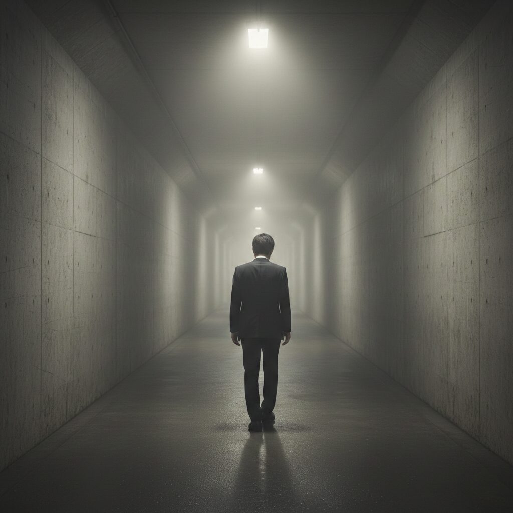 出口の見えない長い道を一人で歩いている後ろ姿。これから続く困難な道のりを暗示する。