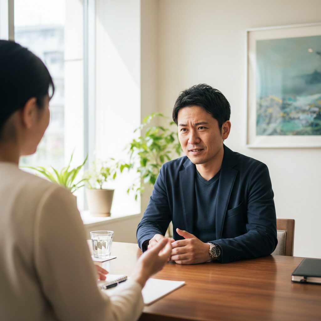 プロのカウンセラーと対面し、相談に乗ってもらっている日本人男性
