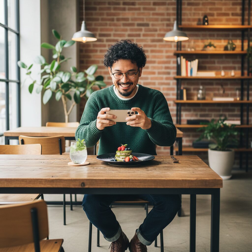 おしゃれなカフェでデザートの写真をスマホで撮っている笑顔の日本人男性