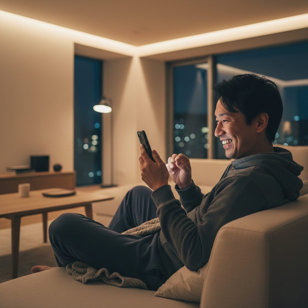 リラックスした雰囲気で、スマホを見て嬉しそうにしている男性。