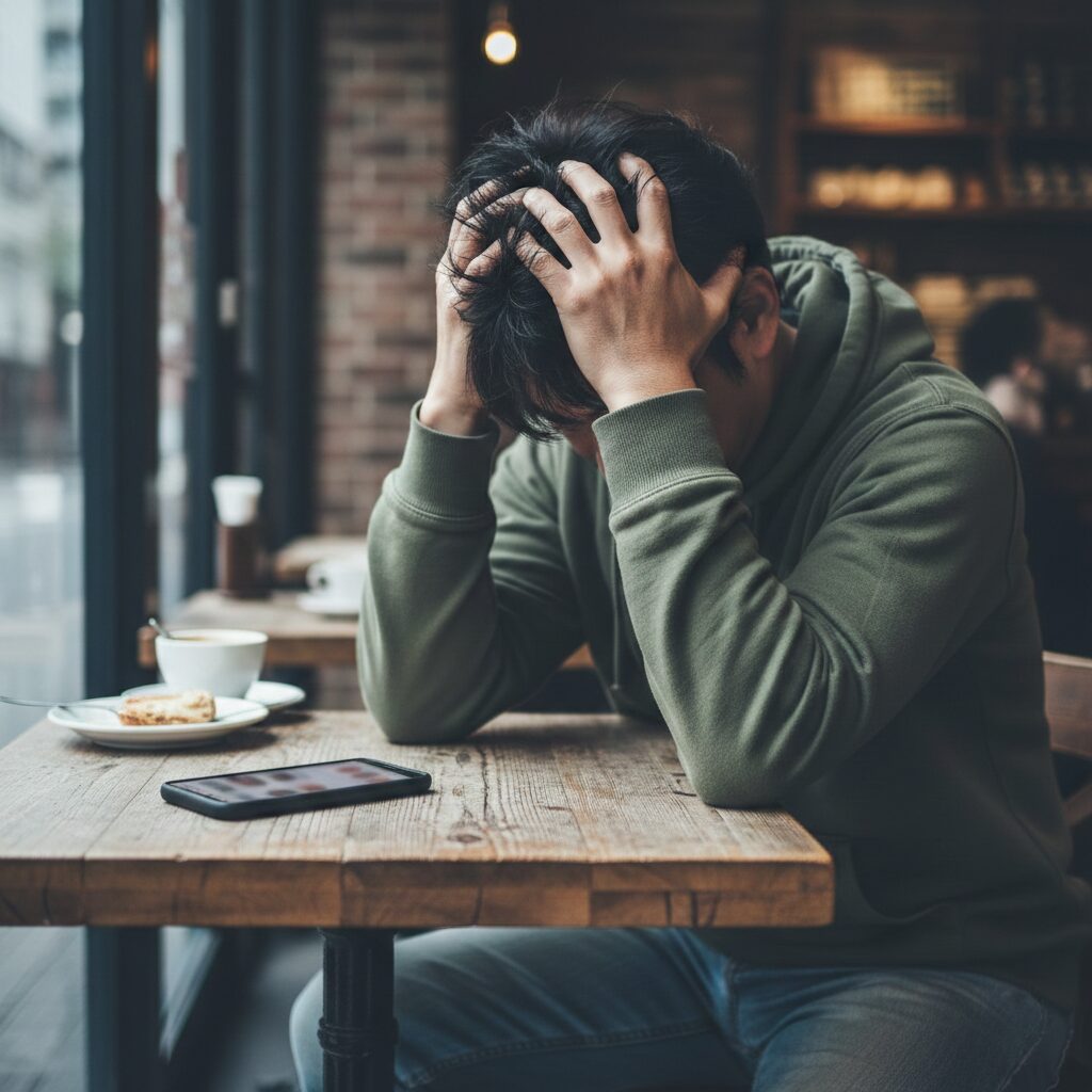 カフェや自宅で、婚活アプリの画面を見ながら頭を抱えている様子。