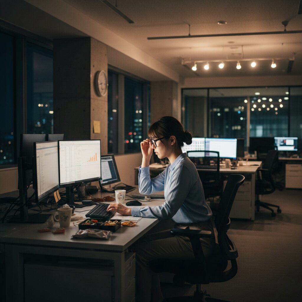オフィスで遅くまで仕事をしている日本人女性。