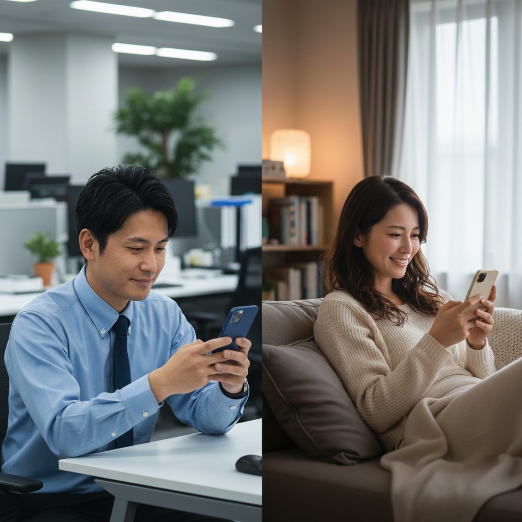 スマホでメールをやり取りしている微笑む日本人男女