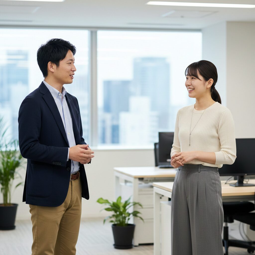 オフィスで談笑する男女だが、節度ある距離感が保たれている様子。