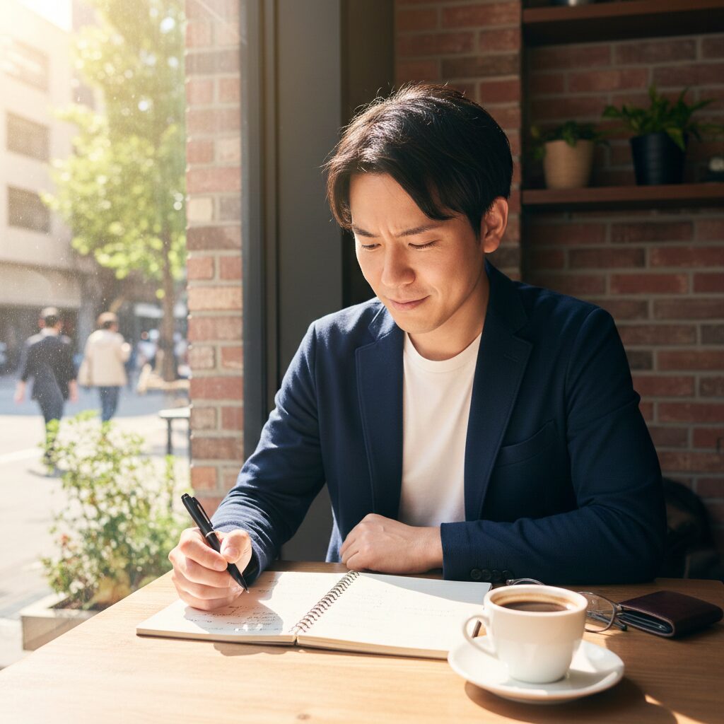 カフェでノートや手帳を広げ、ペンを持って真剣に書き込みやチェックをしている男性。