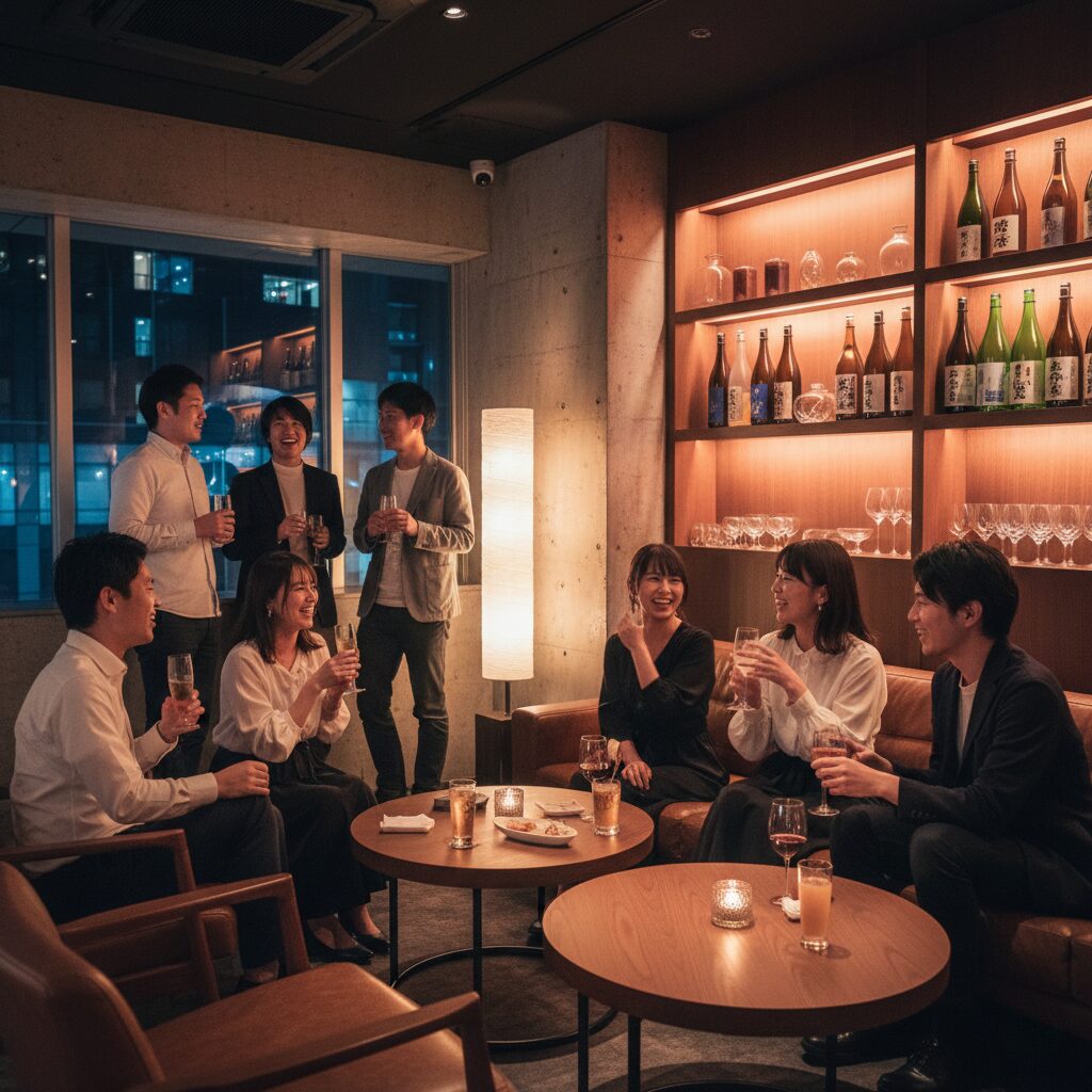 社会人サークルの『BARで立ち飲み』に参加する日本人男女