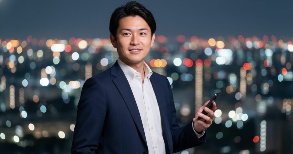 都会の夜景を背景に、スーツ姿だが自信に満ちた表情でスマートフォン（または未来を見据える）を持つ日本人男性