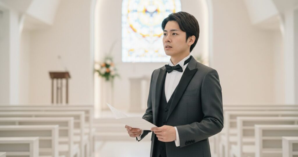 タキシードやスーツを着た男性が、結婚式の背景の中で少し困ったような、あるいは考え込んでいるような表情をしている。しかし、悲壮感だけでなく「考え直している」という知的な雰囲気