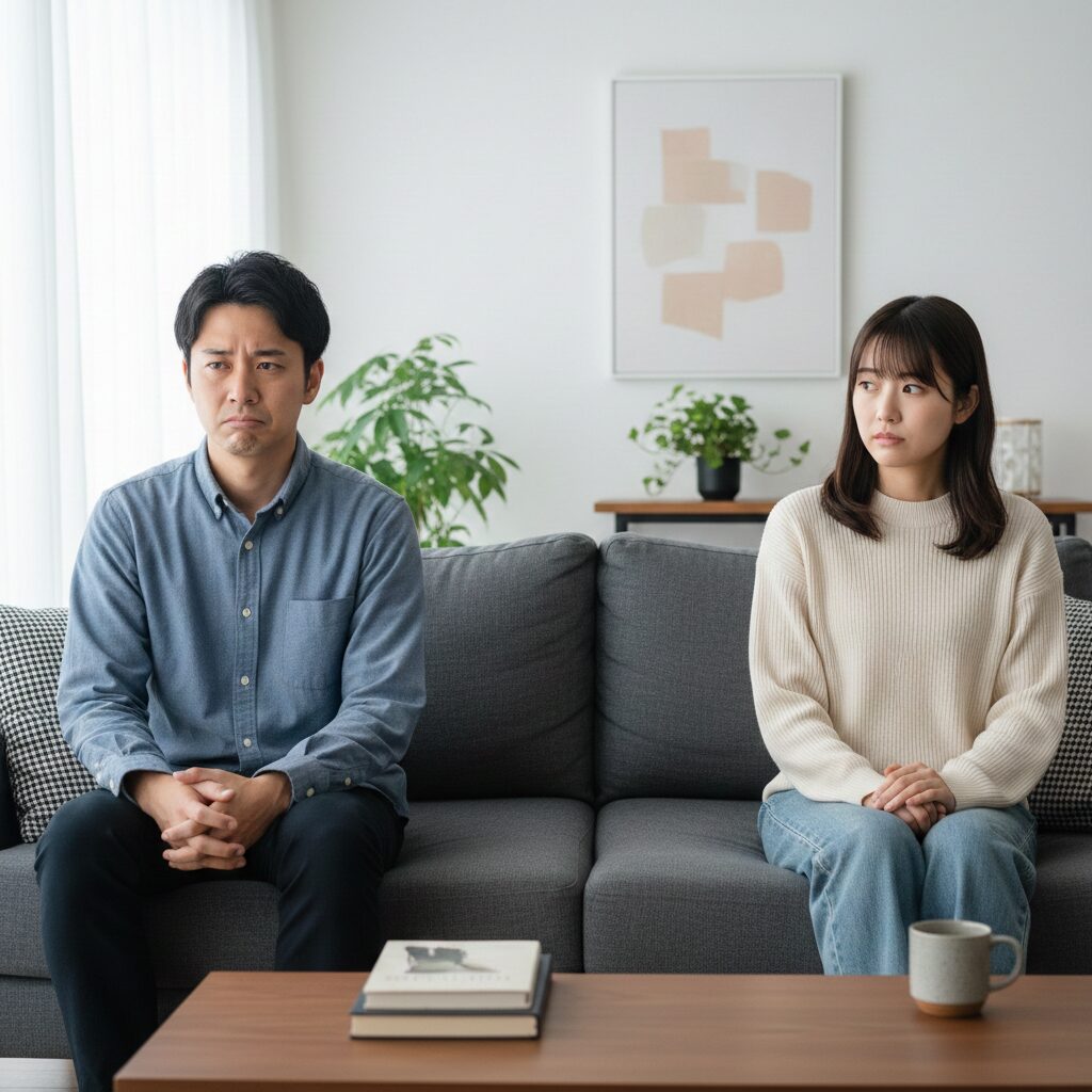ソファに座っている日本人男女30歳。距離が少し開いており、男性が女性の方を見ずに少し気まずそう、あるいは違和感を感じている表情。