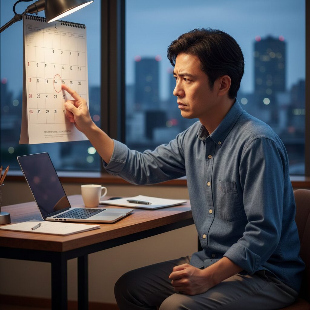 カレンダーを見ながら早く結婚したいと焦っている日本人男性