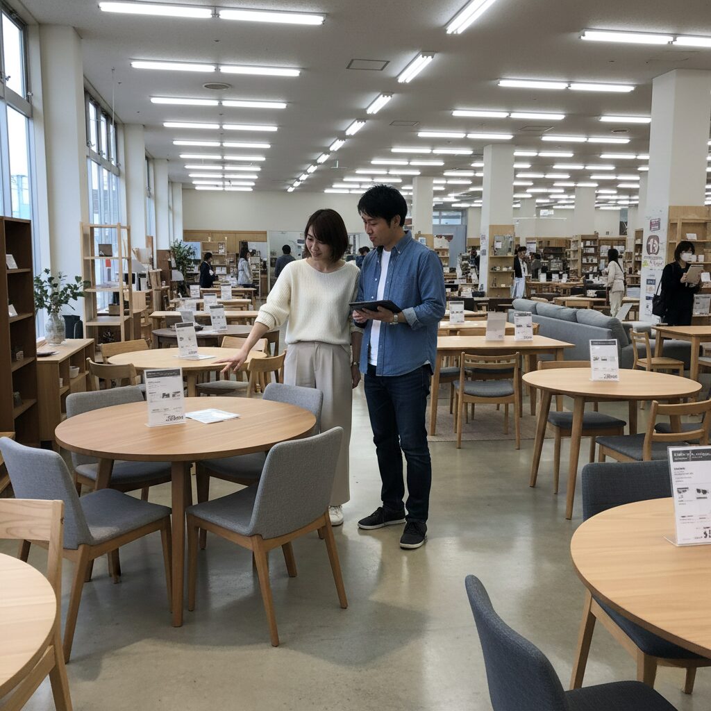 家具店（IKEAやニトリ風）で、ソファやテーブルの周りで会話をしている男女。