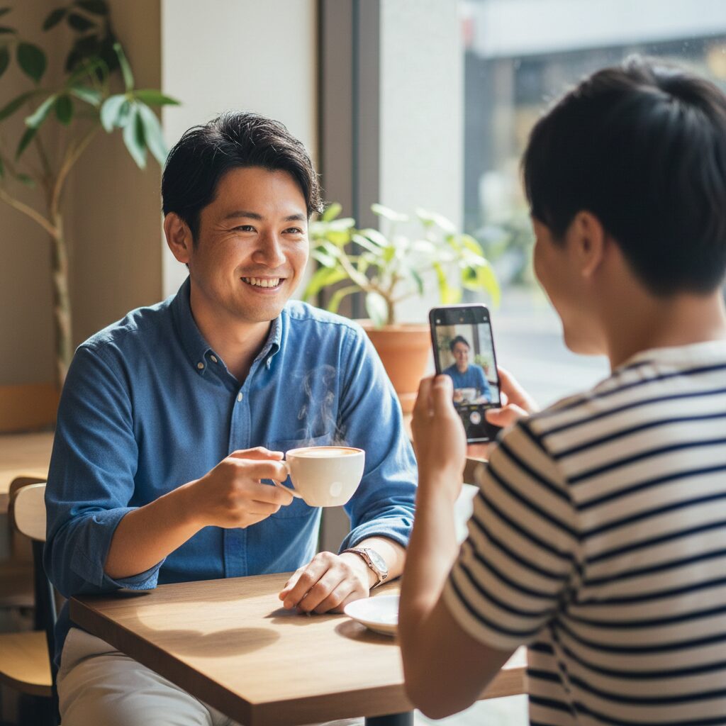 カフェで婚活プロフィール用に自然な笑顔の写真を友人男性に撮ってもらっている日本人男性