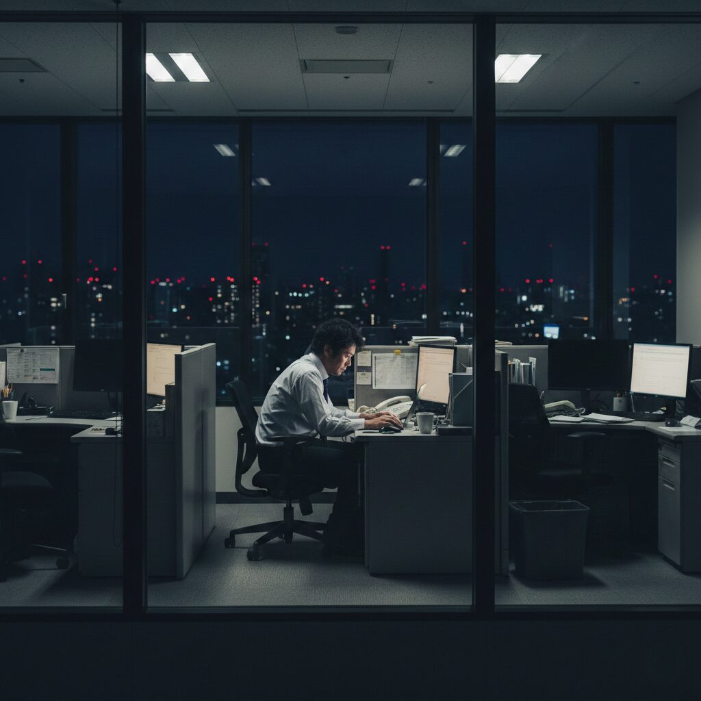 深夜のオフィスビル。疲れた表情でデスクワークしている日本人男性