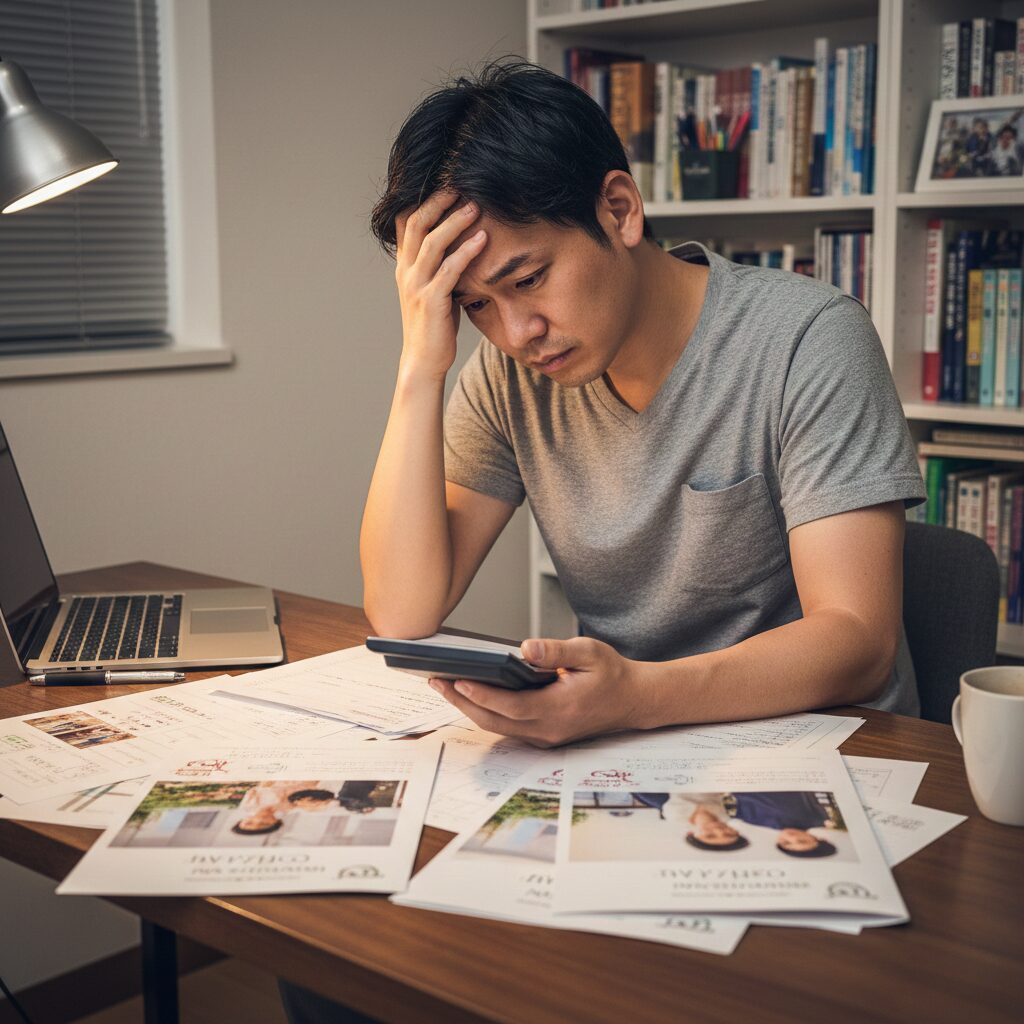 自室で結婚相談所のパンフレットを見ながら電卓で計算している、頭に手を当て悩む表情の日本人男性
