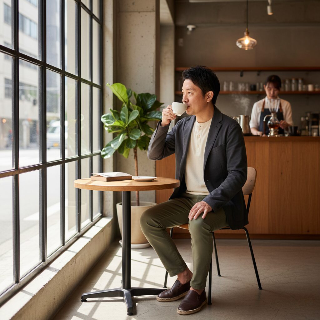 ジャケットにTシャツ、スラックスといったシンプルなスタイルを体現した服装の日本人男性