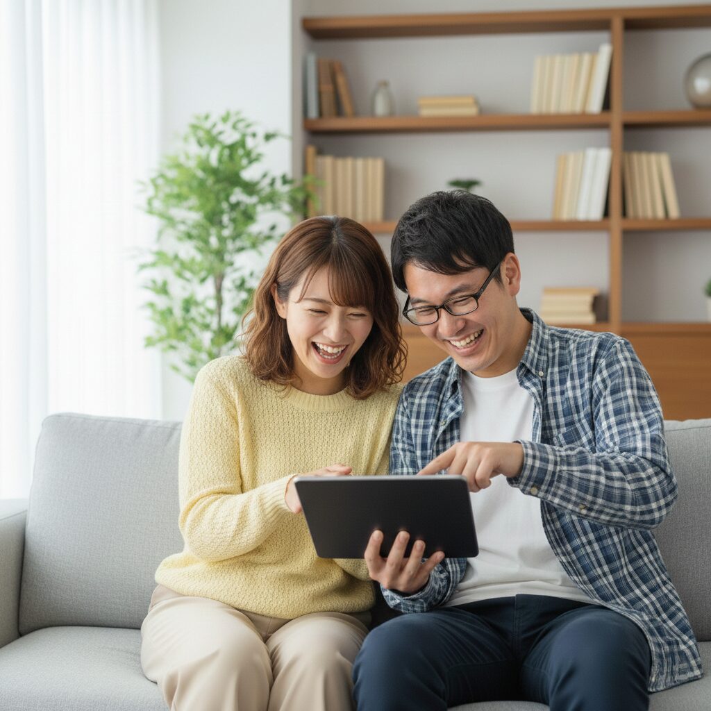 タブレットの画面を二人で覗き込み、笑顔で指差している男女。