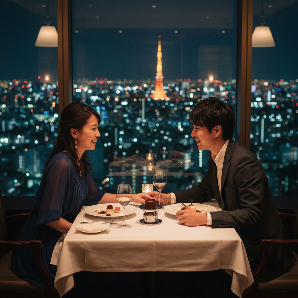 夜景の見えるレストランでのデート。仲の良い雰囲気で会話している日本人男女