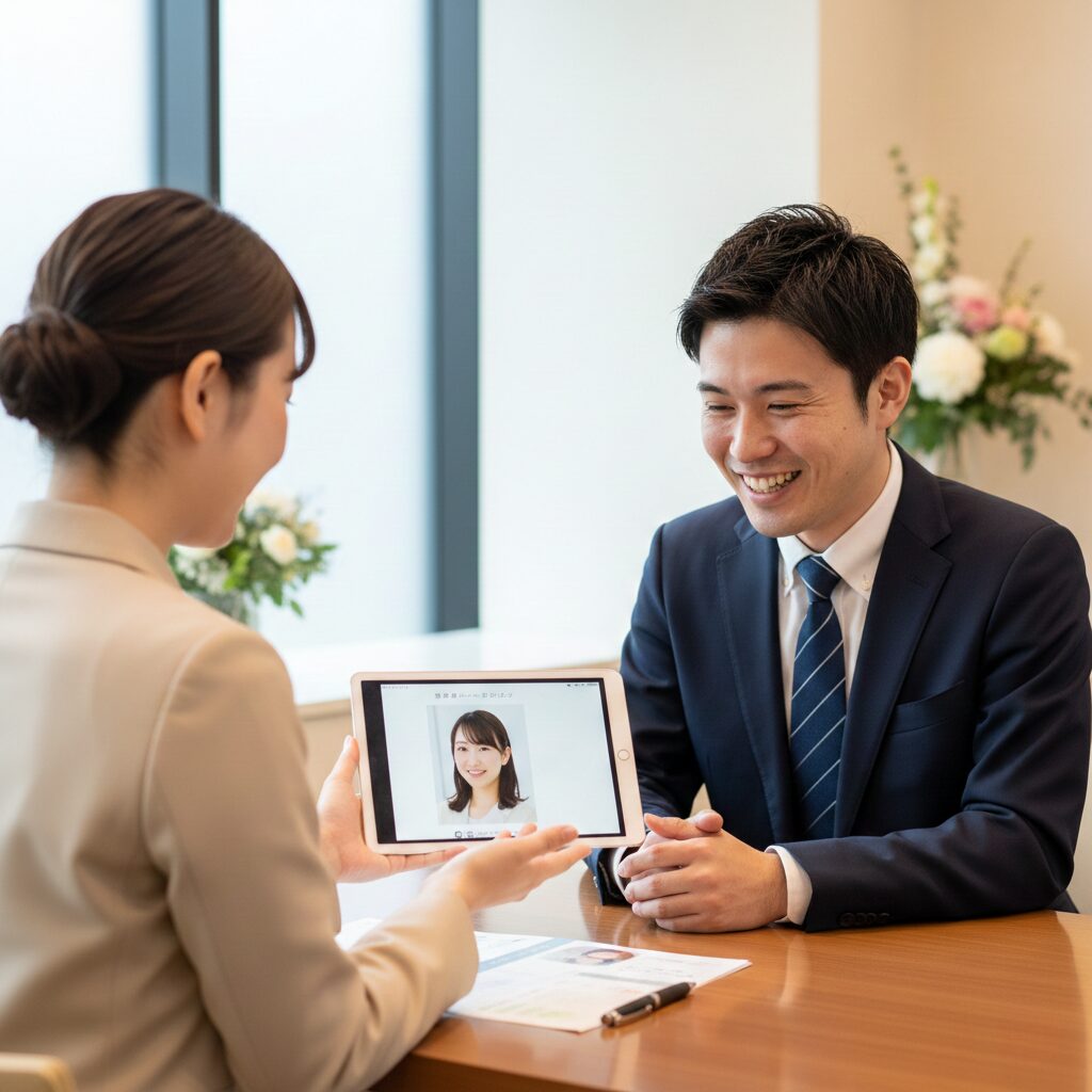 結婚相談所でお見合い相手を紹介されている日本人男性