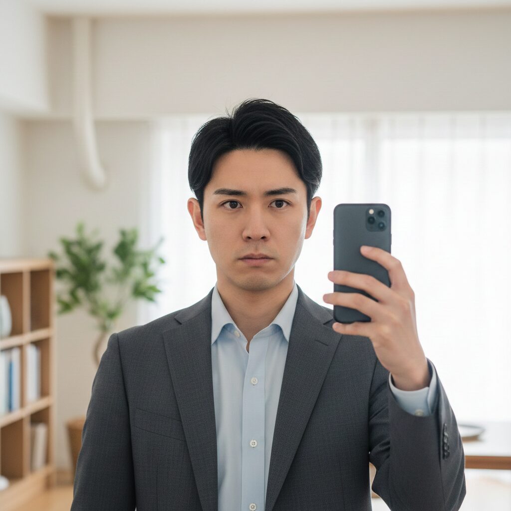 お見合い写真に自撮りで真顔の写真を撮る日本人男性