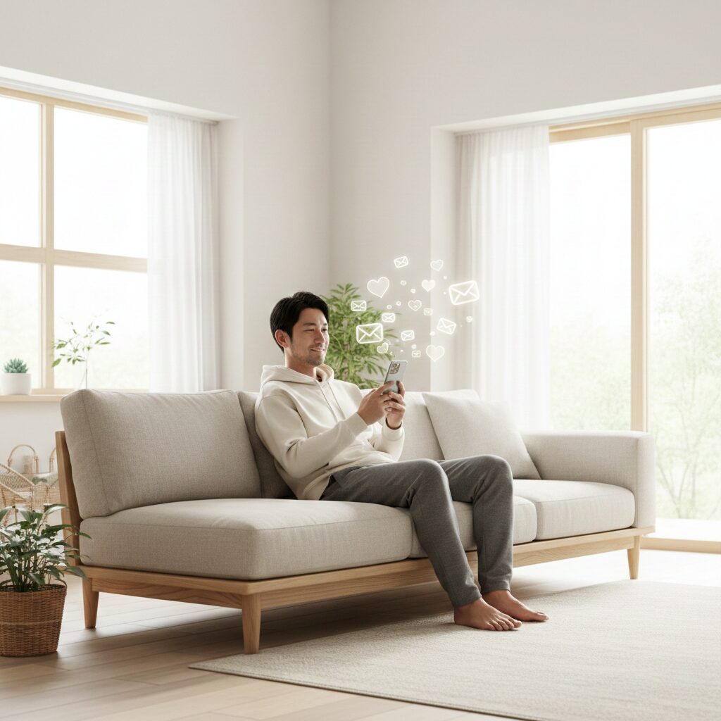 休日の昼下がり、リラックスしてソファに座っている男性。スマホに「通知」が届き、それが良い知らせであることを予感させる。