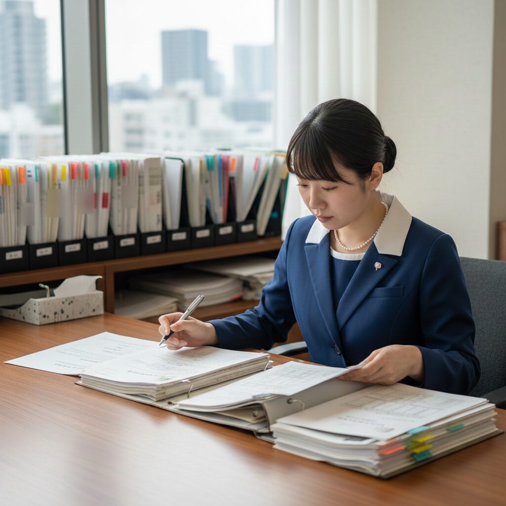 制服を着た日本人婚活カウンセラーが会員のファイルや資料を読み込んでいる様子。