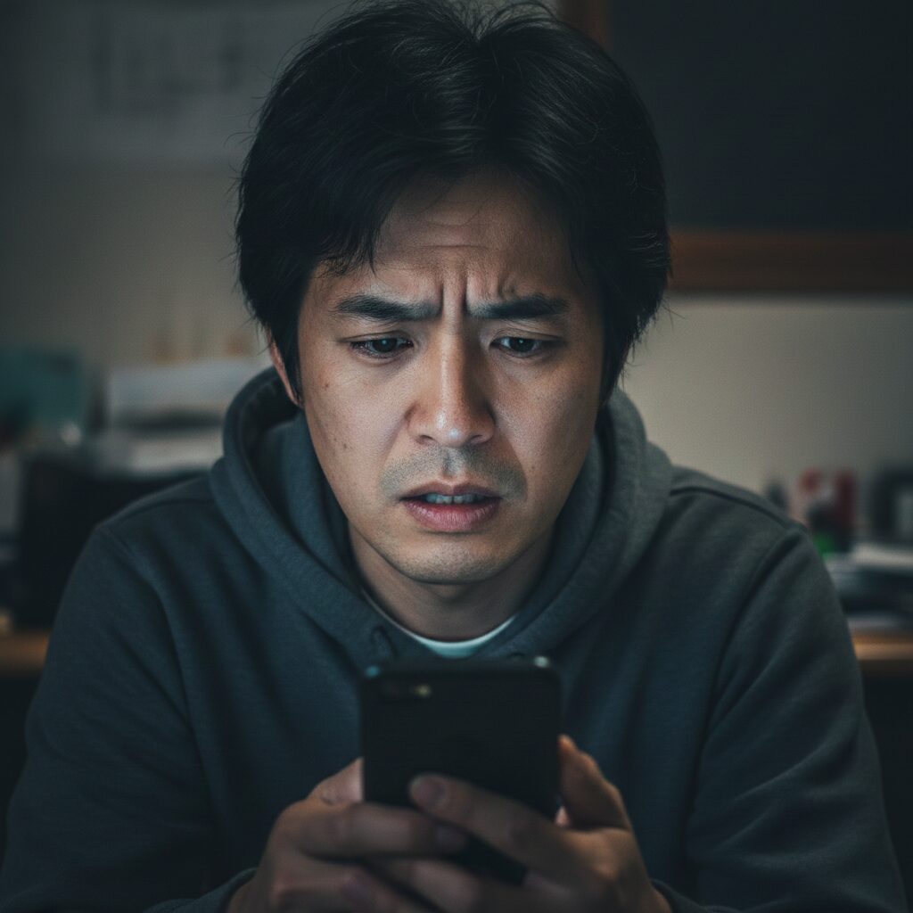 スマホの画面を凝視し、返信を待っている焦燥感のある表情。少し怖い雰囲気。