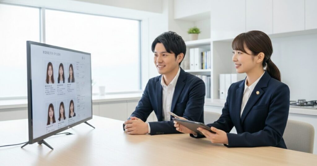 結婚相談所で制服を着た婚活カウンセラーから複数人のお見合い相手のデータ画面を見て希望を持つ笑顔の日本人男性