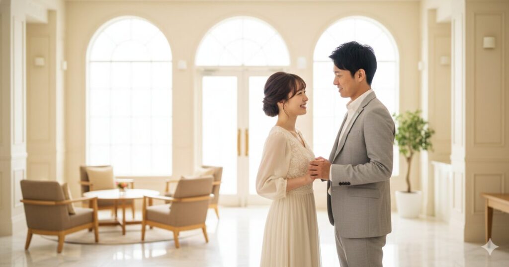 幸せそうな日本人カップル。男性は30代で清潔感があり優しそう。女性は20代で非常に美しく、幸せそうに微笑んでいる。二人は寄り添い、お互いまたはカメラを見ている。お見合い成功や婚約を連想させる雰囲気。背景は明るいカフェや結婚相談所のロビーで、柔らかな自然光が入っている。