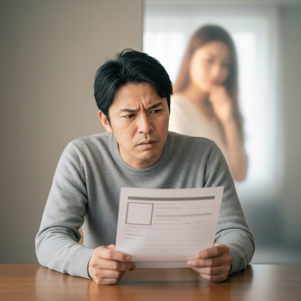 プロフィール書類(紙)を見ているが、顔写真部分がぼやけている、あるいはシルエットになっているイメージ。