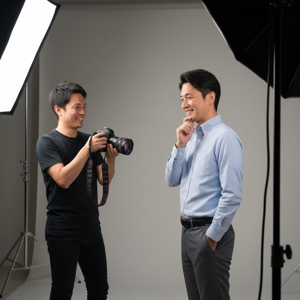 写真スタジオで、プロのカメラマンにプロフィール写真を撮ってもらっている日本人男性30歳。少し照れながらも爽やかにポーズをとっている男性。