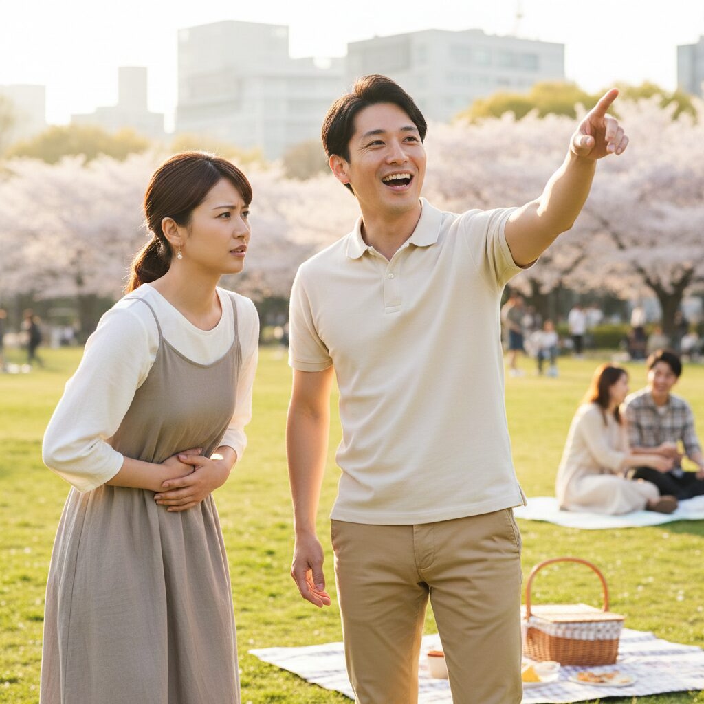 デート中に体調を崩したのを察してくれない男性に対して不満顔の日本人女性